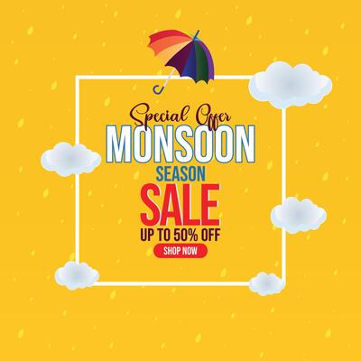 Monsoon sale season design featuring clouds and rain elements, ideal for promotional banners, posters, and cards to highlight special discounts and attract online shoppers