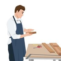 Carpenter in apron examines a wooden plank at his workbench, surrounded by tools and lumber. vector