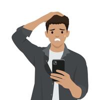 Man holding a smartphone, sweating and looking distressed, representing worry or shock. vector