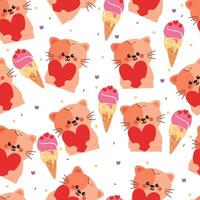 cute drawing cartoon cat with red heart and ice cream seamless pattern. cute pattern in white background for wallpaper and gift wrap paper vector