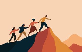 Teamwork of diverse youth climbing mountain silhouette with bold minimal style vector