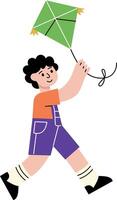 A flat style illustration showing a kid flying kite vector
