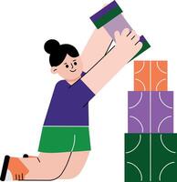 A flat style illustration showing a kid building blocks vector