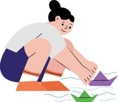 A flat style illustration showing a kid playing with paper boats vector