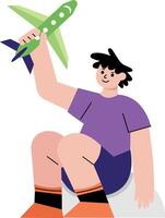 A flat style illustration showing a boy playing with airplane toy vector