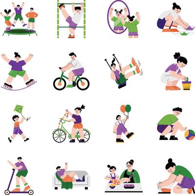 Set of Kids Playing Flat Style Illustrations