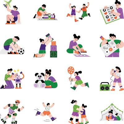 Pack of Teenagers Playing Flat Style Illustrations