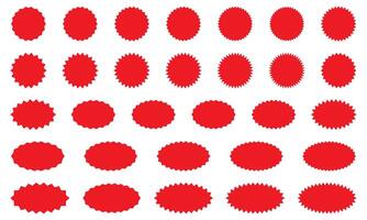 Starburst red sticker set. Collection of special offer sale round and oval sunburst labels. vector