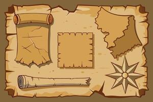 Old Paper Map Elements with Ripped Edges Scroll and Compass for Treasure Hunt or Adventure Game Design vector