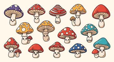 Variety of Cute Fungi with Smiling Faces a Charming Forest Scene vector