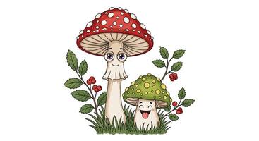 Adorable Animated Mushrooms with Smiling Faces and Forest Plants Growing Around Them Character vector