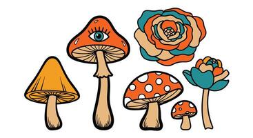 An Artistic Array of Fungi and Flora in a Groovy Psychedelic Style vector