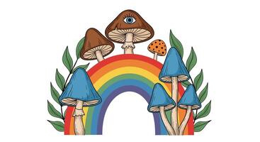 A whimsical fantasy world with colorful mushrooms and a radiant rainbow scenery vector