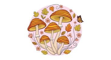 Autumn's Enchanted Gathering A Detailed Mushroom Circle with Leaves and Delicate Textures vector