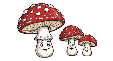 A Delightful Gathering of Red and White Mushrooms with Cheerful Animated Faces vector