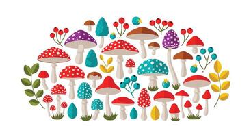 A Colorful Variety of Wild Mushrooms and Berries Isolated on White Background vector