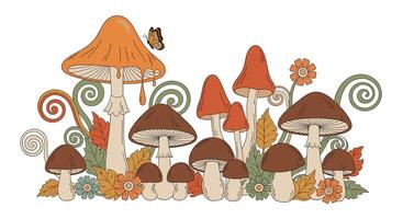 Enchanted Forest An Array of Colorful Mushrooms Among Flowers And Leaves vector