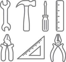 Gray Silhouette Line Art Set of Construction Tools Wrench Hammer Screwdriver Ruler Pliers Set Square vector