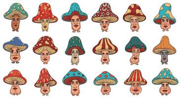 Whimsical World of Fungi A Colorful Collection of Mushroom Character Illustrations vector