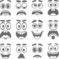 Sixteen grayscale cartoon face expressions featuring various eyes eyebrows and mouths depicting a range of emotions from happy surprised scared vector
