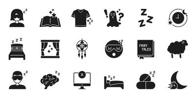 Sleep And Relaxation Solid Icon Set. Bedtime Routine, Dreaming, And Restful Sleep Silhouette Symbol Collection. Sleep Hygiene And Nighttime Habits. Isolated Illustration vector