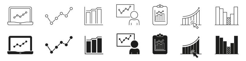Data Analytics And Growth Chart Line And Solid Icon Set. Business Performance, Financial Analysis, And Market Trends Symbol Collection. Statistical Visualization Tools. Isolated Illustration vector