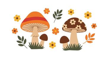 Autumnal Mushroom Delight A Whimsical Gathering of Fungi Flowers and Foliage vector