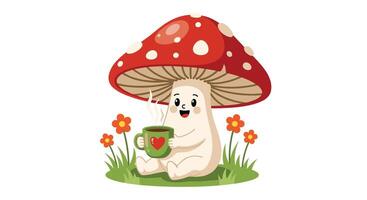 Whimsical Mushroom Character Sipping Coffee Surrounded by Flowers and Green Grass on White vector
