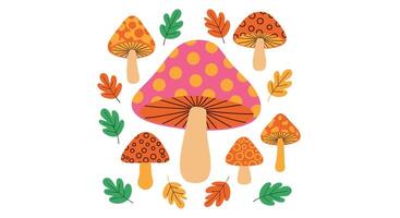 A Colorful Array of Cartoon Mushrooms Surrounded by Leaves For Autumn Season vector