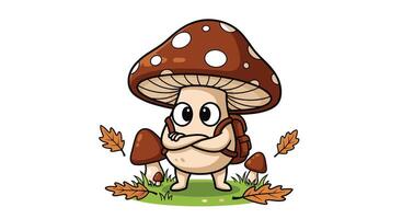 Pixel Art Mushroom Character with Backpack and Autumn Leaves a Whimsical Adventure vector