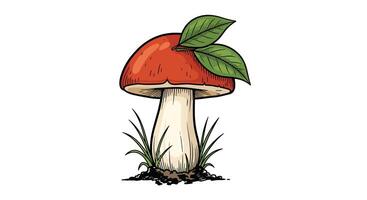 The Edible Mushroom of Reddish Color with Leaves around Its Cap Found in Forest vector