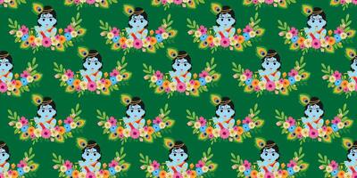 Mobileseamless pattern with baby krishna playing flute surrounded by colorful flowers and peacock feathers on a vibrant green background for janmashtami celebration vector