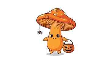 A Mushroom Character Going Trick-or-Treating On Halloween Night With A Halloween Bucket vector