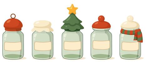 Empty Christmas spice jars with festive lids vector