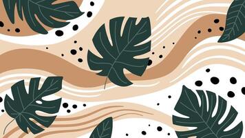 Abstract summer background with tropical leaves, beautiful wavy lines and spots. vector