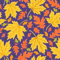 Bright seamless pattern with autumn leaves on blue background vector