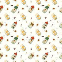 Seamless Christmas spice jar pattern with cinnamon, orange, star anise and cloves vector