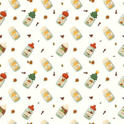 Seamless Christmas spice jar pattern with cinnamon, orange, star anise and cloves
