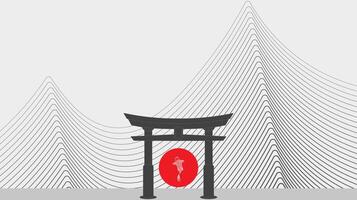 Minimalist Japanese Torii Gate with Wave Line Mountains for Zen Background Design vector