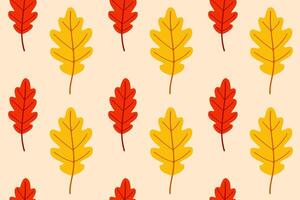 Seamless pattern with oak leaves in yellow, red, and orange shades on cream background. Perfect for seasonal wrapping, print design, and autumn decor vector