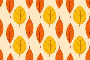 Repeating pattern of autumn leaves in orange and yellow colors on warm beige background. Suitable for seasonal prints, fabric, packaging, and wrapping design vector