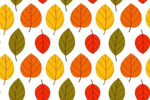 Bright autumn pattern with assorted fall leaves in red, orange, yellow, and green on white background. Ideal for seasonal prints and packaging vector