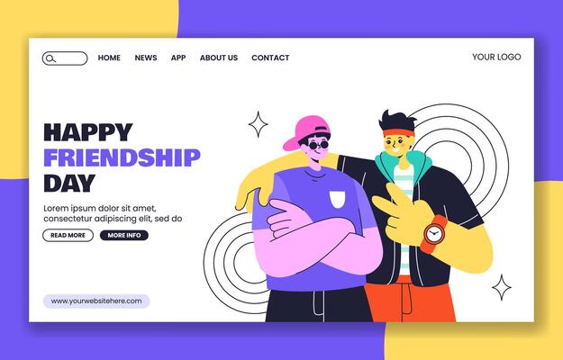 Colorful Friendship Day Social Media Landing Page Design with Hand Drawn Cartoon Characters