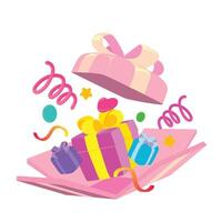 illustration of an open pink gift box with yellow ribbon and smaller colorful gifts inside. Surrounded by confetti, swirls, and fun festive elements in a cheerful flat cartoon design. vector