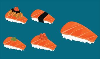 Assorted Salmon Sushi Pieces with Fresh Ingredients and Elegant Presentation vector