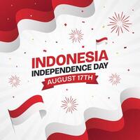 Happy Indonesia Independence Day August 17th with waving flag ribbon and fireworks on sunburst background vector