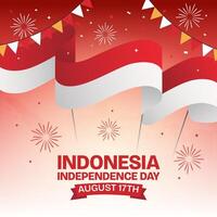 Happy Indonesia Independence Day August 17th with waving flag ribbon and fireworks on dotted map background vector