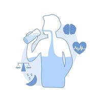 Man drinking water for hydration, health and self care. Flat style wellness concept with brain, heart, sleep icons. Isolate on a white background. vector