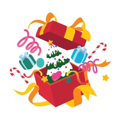 Festive flat of a red Christmas gift box with a decorated tree, candy canes, small gifts, and ribbons. A fun holiday-themed illustration with cheerful cartoon elements perfect for seasonal designs.