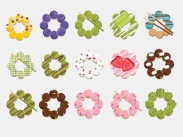 Delicious Assorted Flavors of Pon de Ring Donuts with Colorful Toppings vector
